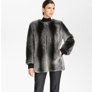 New St. John faux vegan fur plush boxy relaxed fit collarless gradient coat